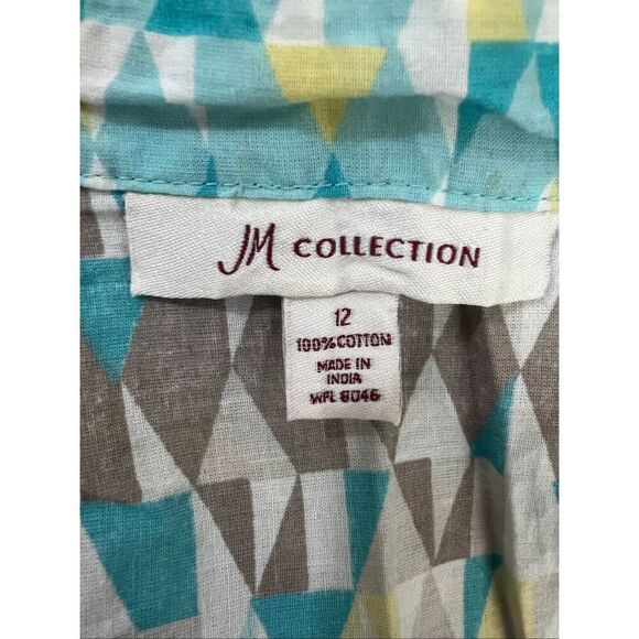 JM Collection Tunic 12 Geometric Print Blue Yellow Beaded Cotton Slit Pullover - Picture 10 of 12